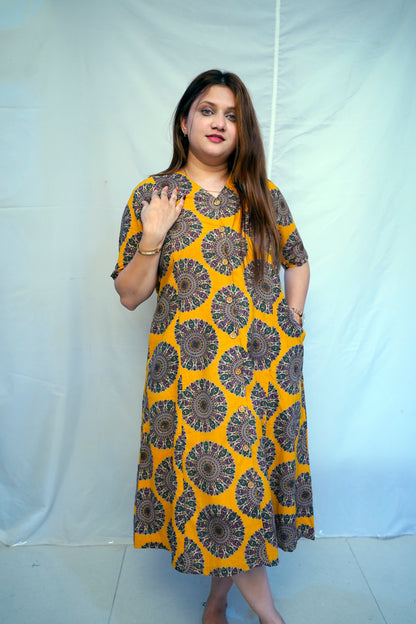 Yellow Kalamkari Handblock Printed Cotton Mid-Length Dress | Rooh E Azah