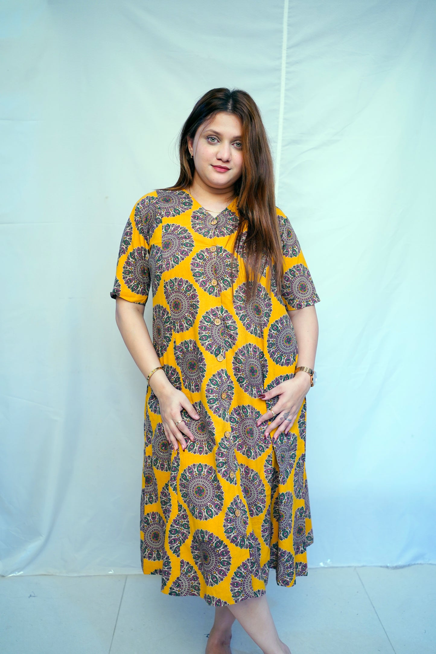 Yellow Kalamkari Handblock Printed Cotton Mid-Length Dress | Rooh E Azah