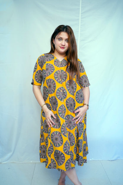 Yellow Kalamkari Handblock Printed Cotton Mid-Length Dress | Rooh E Azah