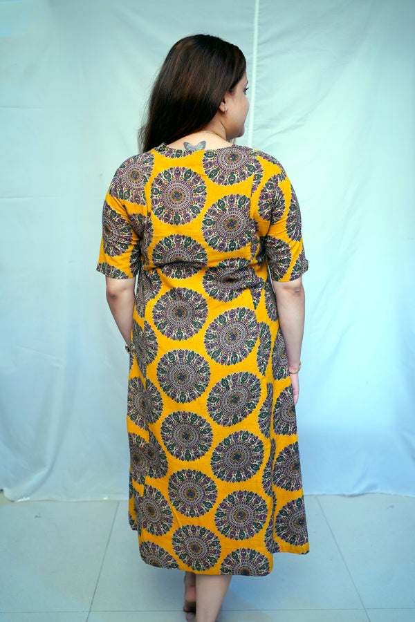 Yellow Kalamkari Handblock Printed Cotton Mid-Length Dress | Rooh E Azah