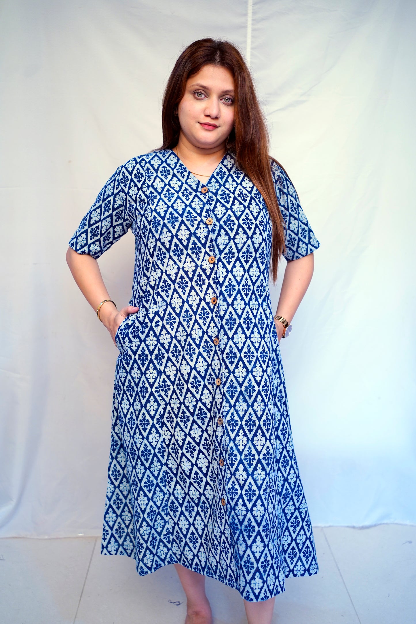Indigo Dabu Handblock Printed Cotton Mid-Length Dress | Rooh E Azah