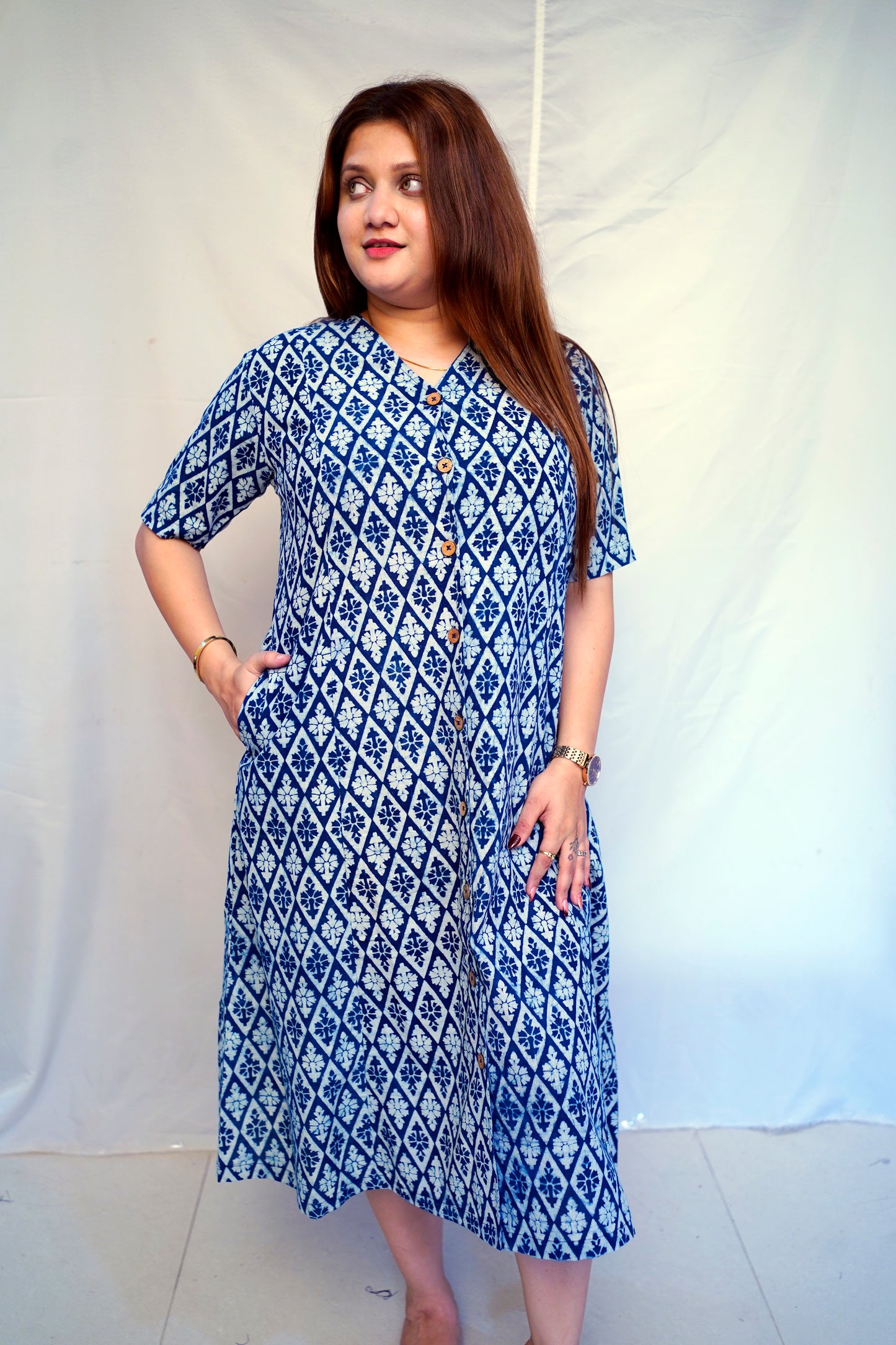Indigo Dabu Handblock Printed Cotton Mid-Length Dress | Rooh E Azah
