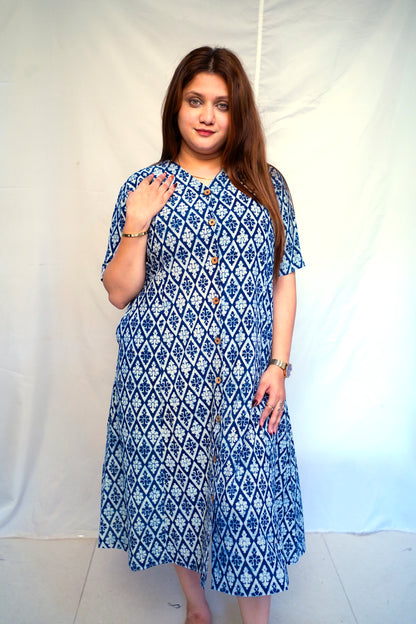 Indigo Dabu Handblock Printed Cotton Mid-Length Dress | Rooh E Azah