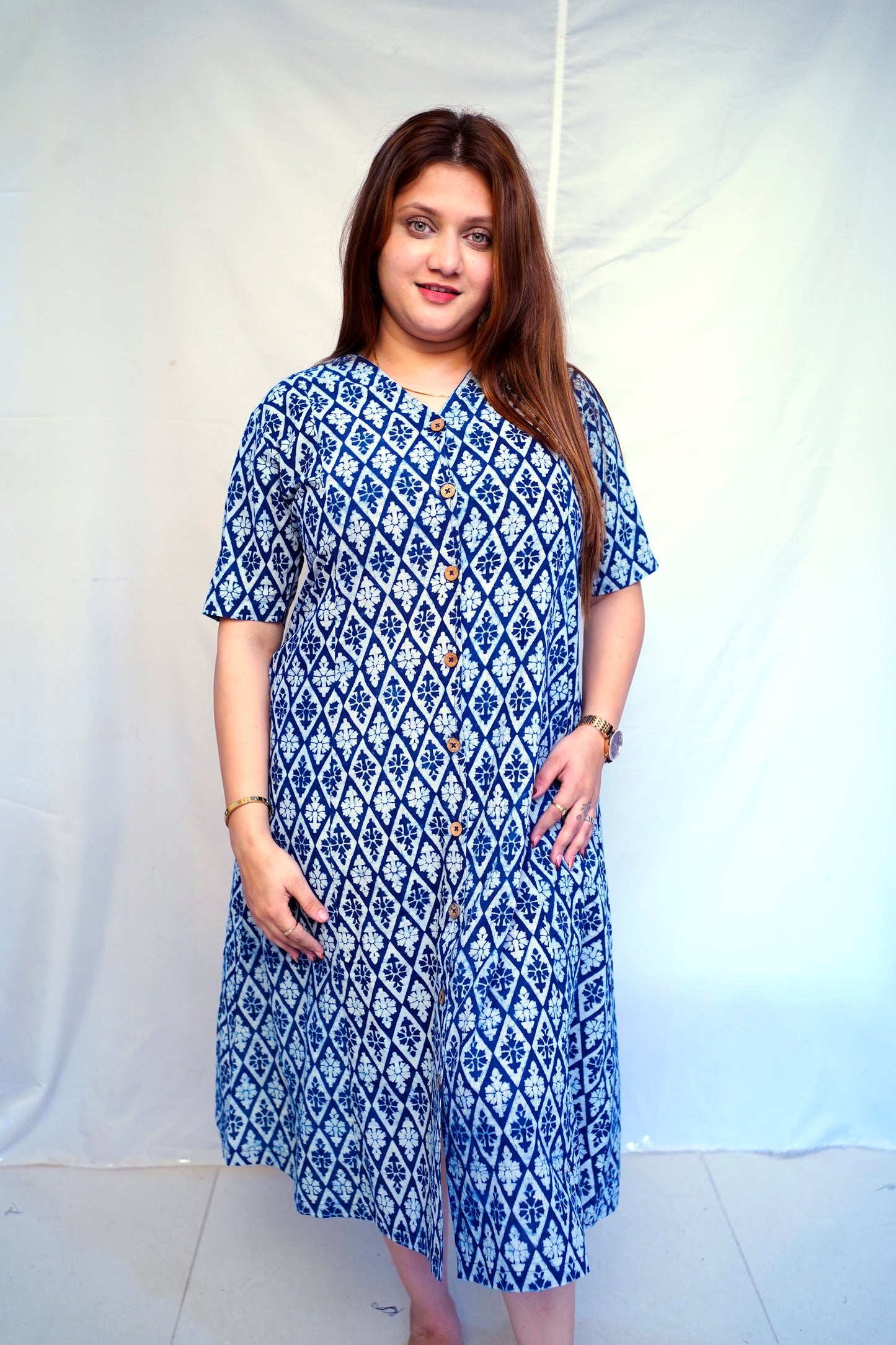 Indigo Dabu Handblock Printed Cotton Mid-Length Dress | Rooh E Azah