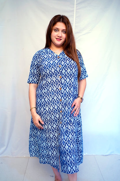 Indigo Dabu Handblock Printed Cotton Mid-Length Dress | Rooh E Azah