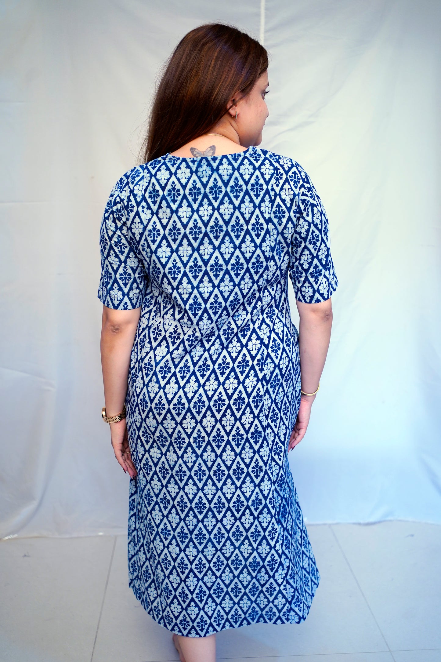 Indigo Dabu Handblock Printed Cotton Mid-Length Dress | Rooh E Azah