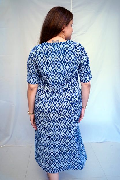 Indigo Dabu Handblock Printed Cotton Mid-Length Dress | Rooh E Azah