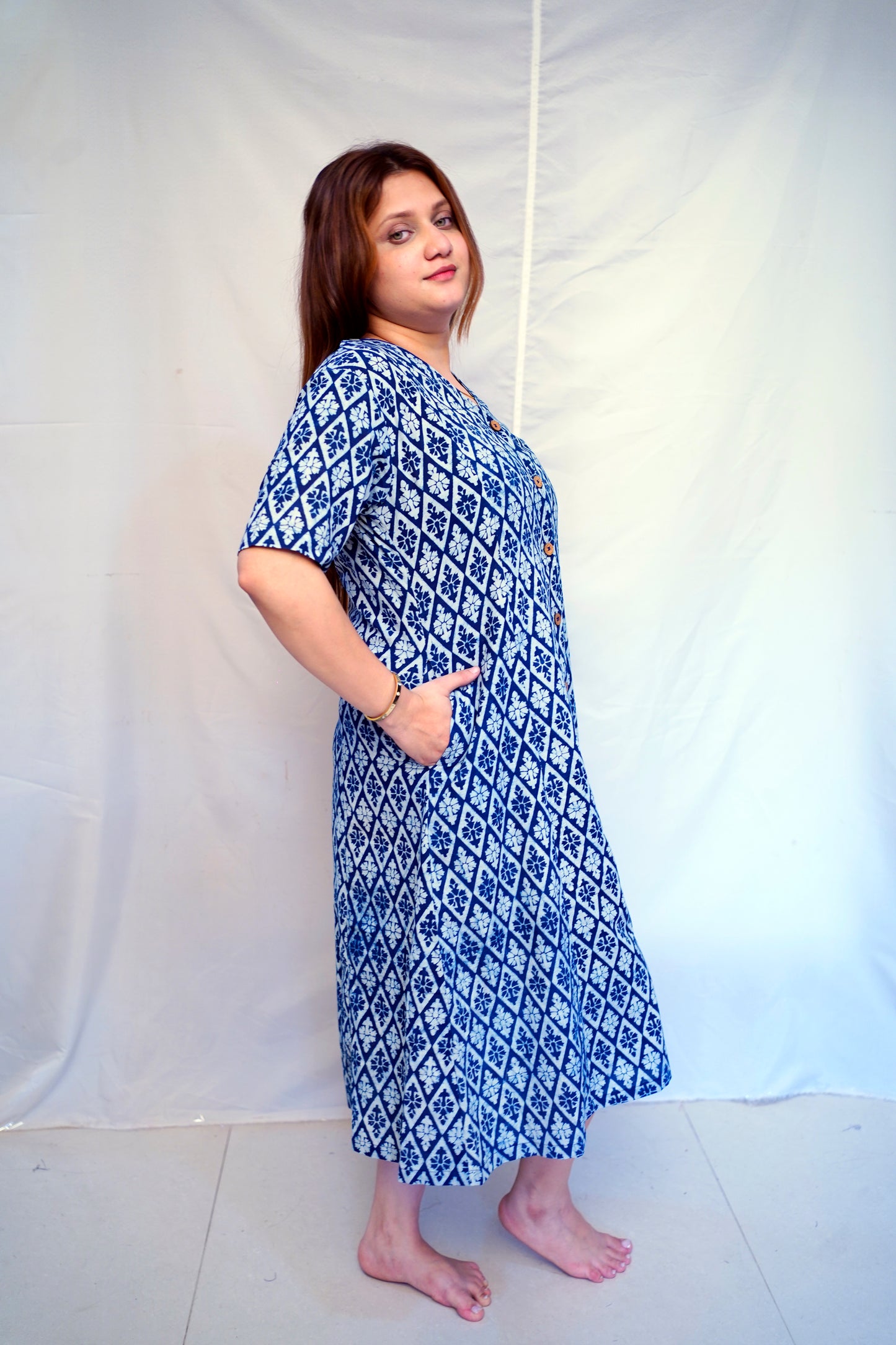 Indigo Dabu Handblock Printed Cotton Mid-Length Dress | Rooh E Azah