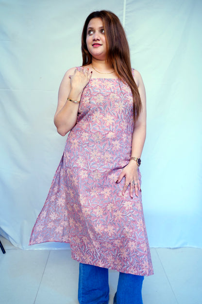 Women’s Light Brown Bagru HandBlock Prinnted 100% Cotton Long Kurti | Rooh E Azah