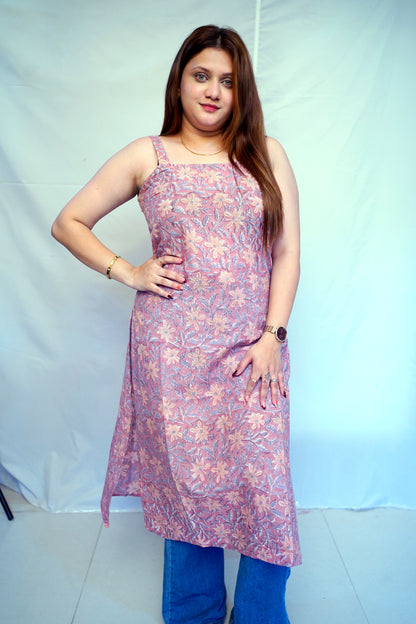 Women’s Light Brown Bagru HandBlock Prinnted 100% Cotton Long Kurti | Rooh E Azah