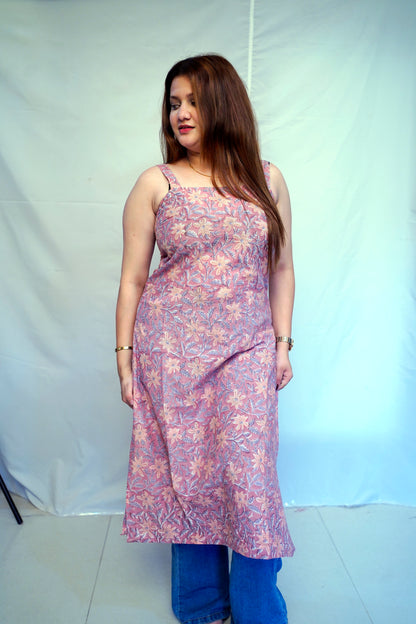 Women’s Light Brown Bagru HandBlock Prinnted 100% Cotton Long Kurti | Rooh E Azah