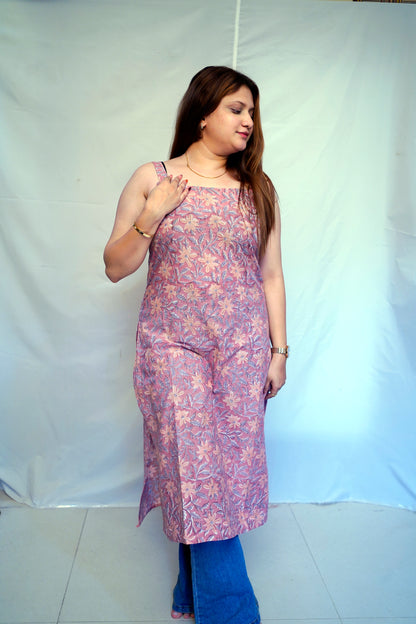 Women’s Light Brown Bagru HandBlock Prinnted 100% Cotton Long Kurti | Rooh E Azah