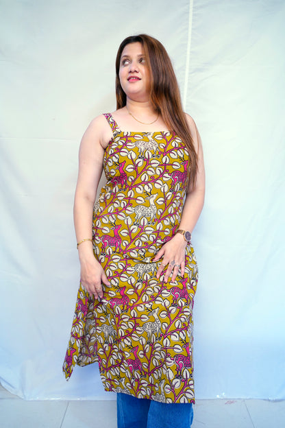 100% Cotton Green Kalamkari Handblock Printed Long Kurti for Women | Rooh E Azah