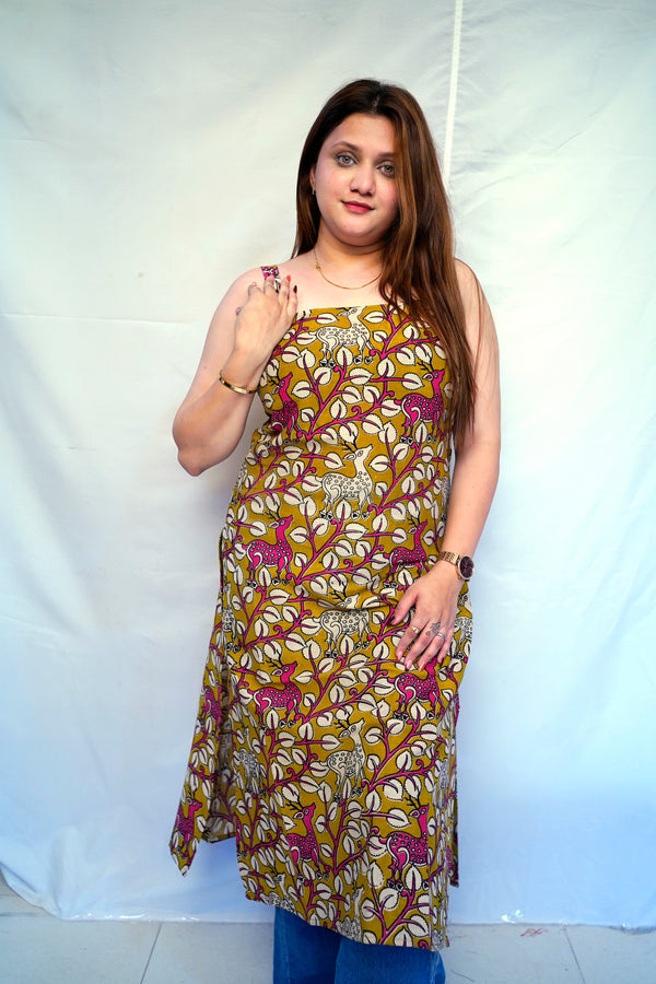 100% Cotton Green Kalamkari Handblock Printed Long Kurti for Women | Rooh E Azah