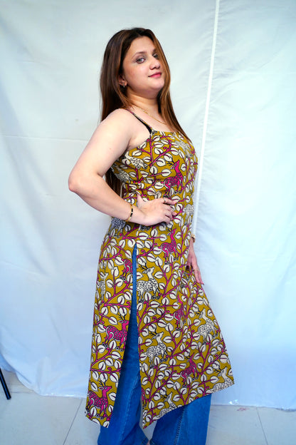 100% Cotton Green Kalamkari Handblock Printed Long Kurti for Women | Rooh E Azah