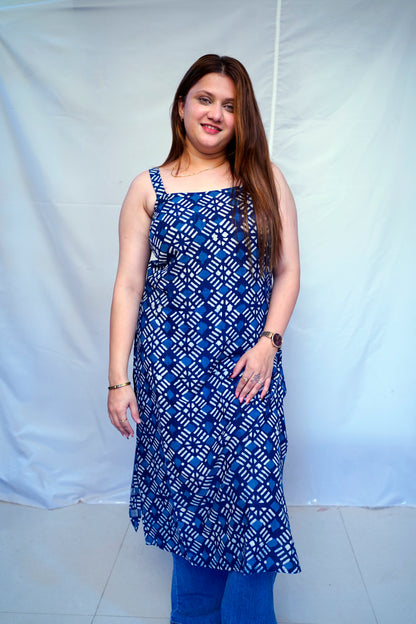 100% Cotton Indigo Dabu Handblock Printed Long Kurti for Women | Rooh E Azah