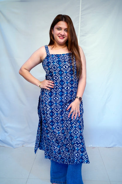100% Cotton Indigo Dabu Handblock Printed Long Kurti for Women | Rooh E Azah