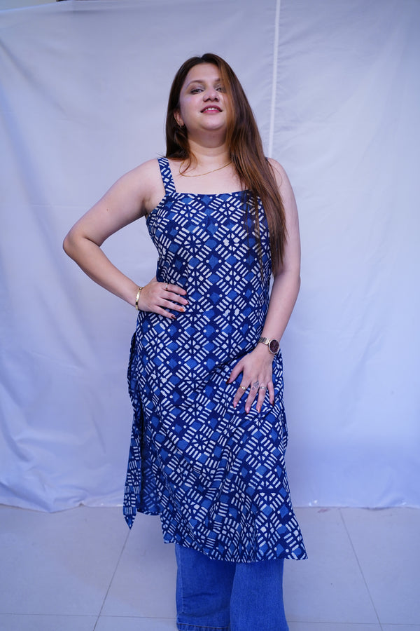 100% Cotton Indigo Dabu Handblock Printed Long Kurti for Women | Rooh E Azah