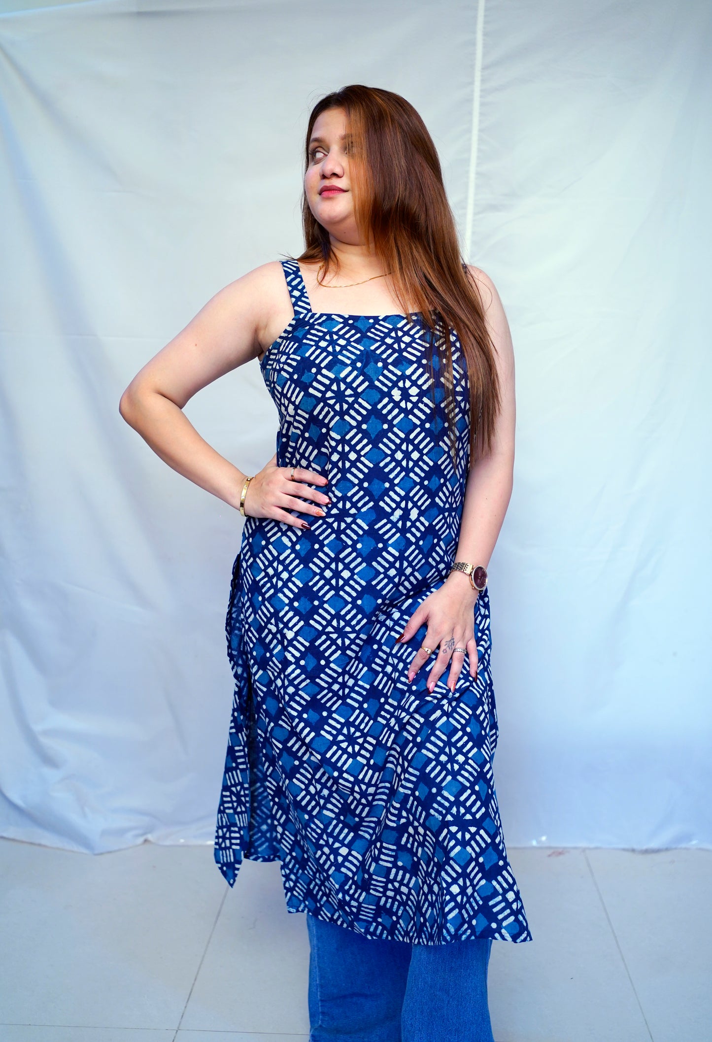 100% Cotton Indigo Dabu Handblock Printed Long Kurti for Women | Rooh E Azah