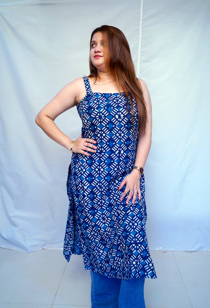 100% Cotton Indigo Dabu Handblock Printed Long Kurti for Women | Rooh E Azah