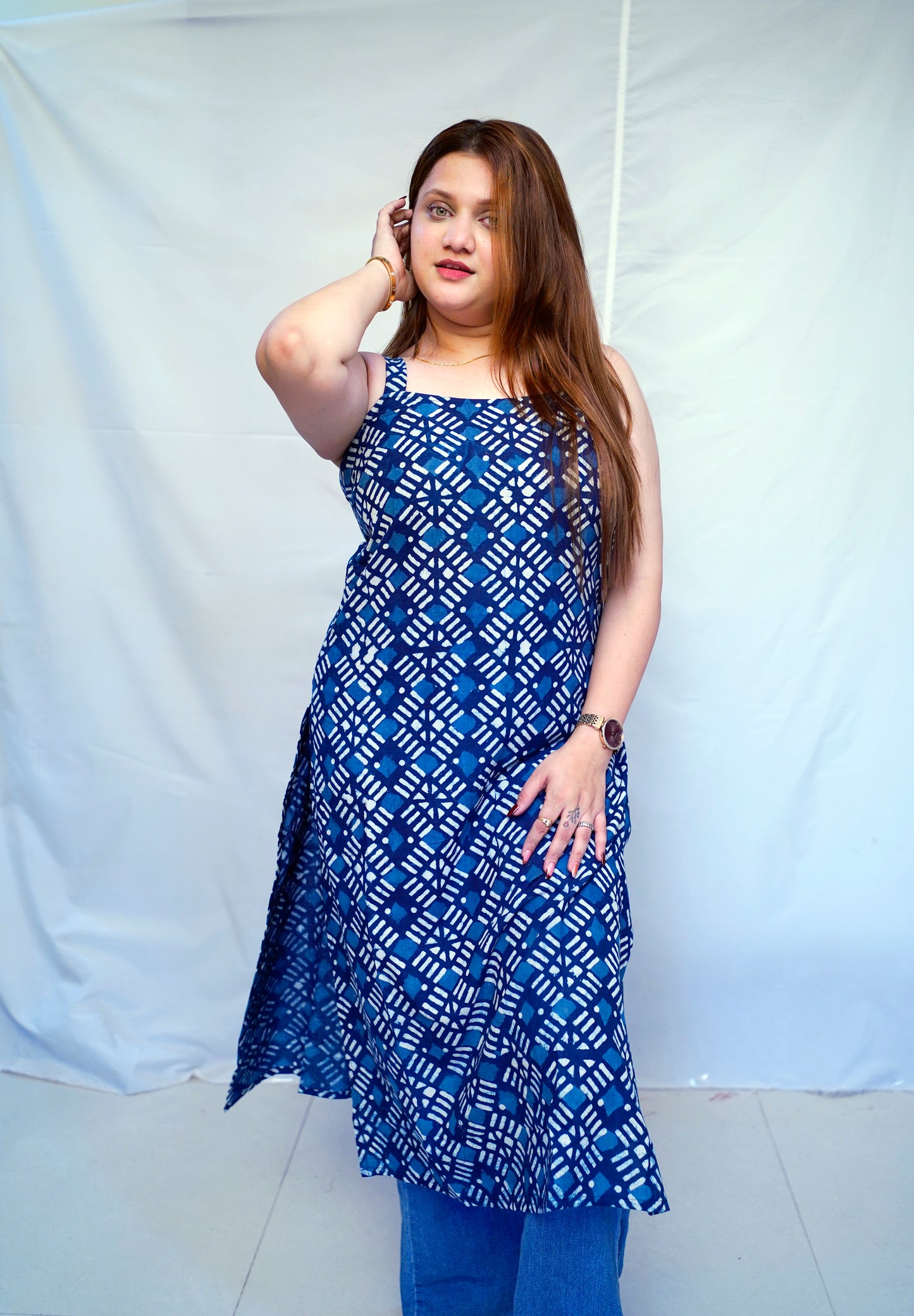 100% Cotton Indigo Dabu Handblock Printed Long Kurti for Women | Rooh E Azah