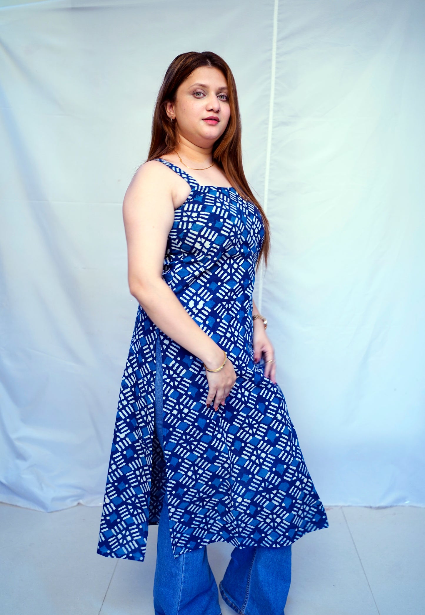 100% Cotton Indigo Dabu Handblock Printed Long Kurti for Women | Rooh E Azah
