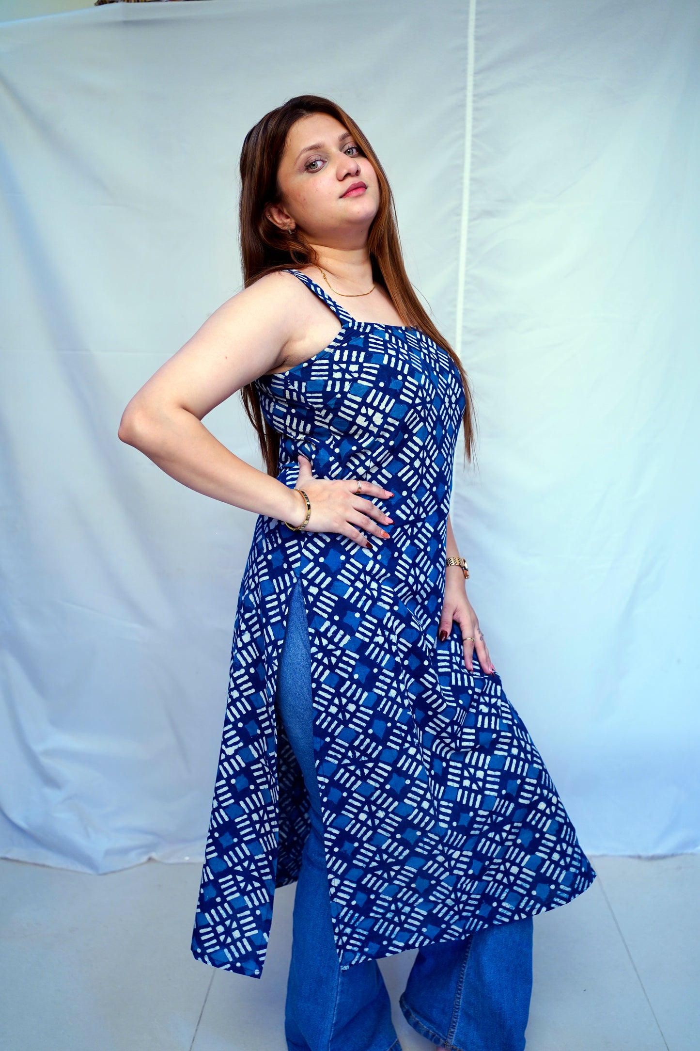 100% Cotton Indigo Dabu Handblock Printed Long Kurti for Women | Rooh E Azah