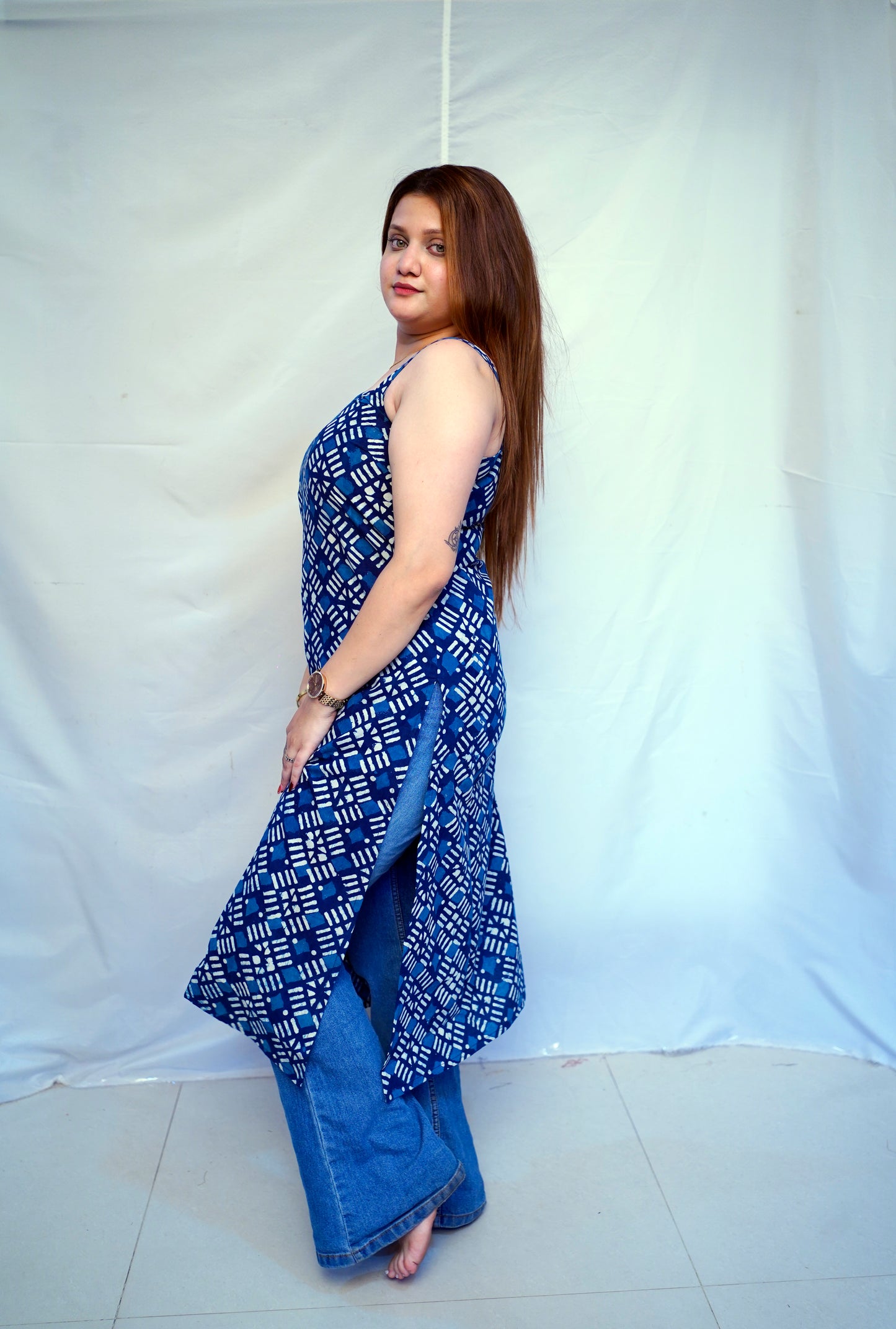 100% Cotton Indigo Dabu Handblock Printed Long Kurti for Women | Rooh E Azah