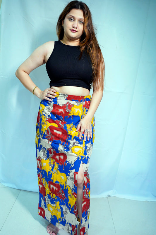 Rooh E Azah Cotton Kalamkari Handblock Printed Multi-Color Long Skirt
