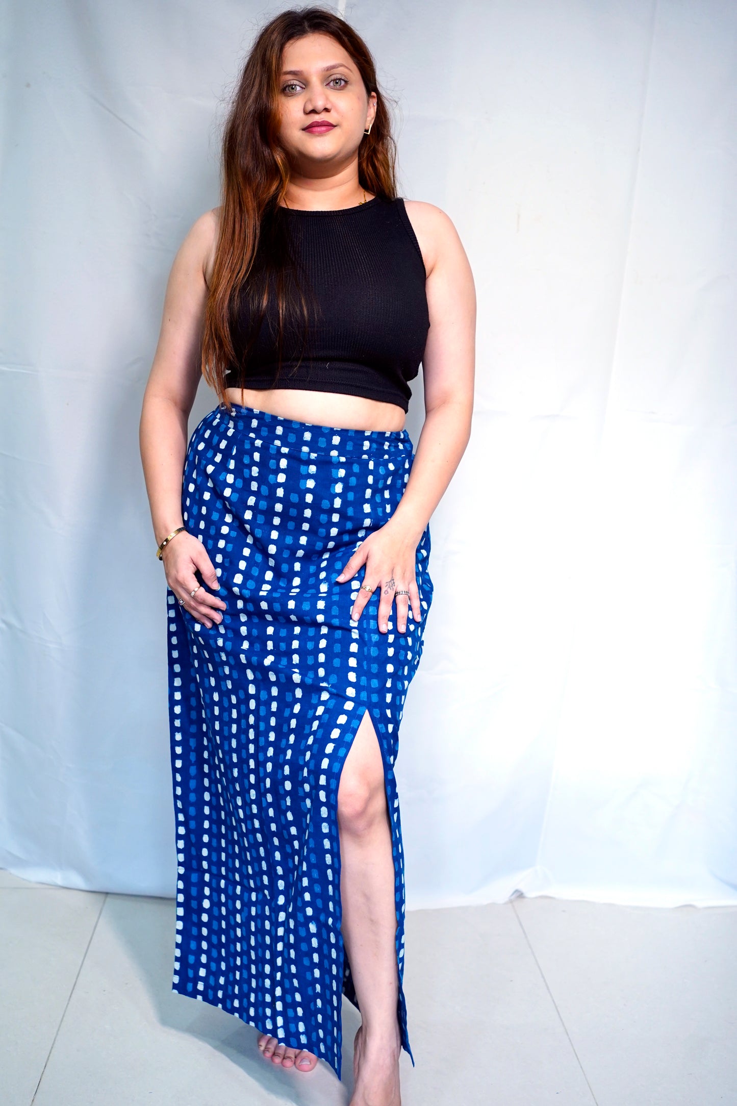 Rooh E Azah 100% Cotton Dabu Handblock Printed Indigo Long Skirt