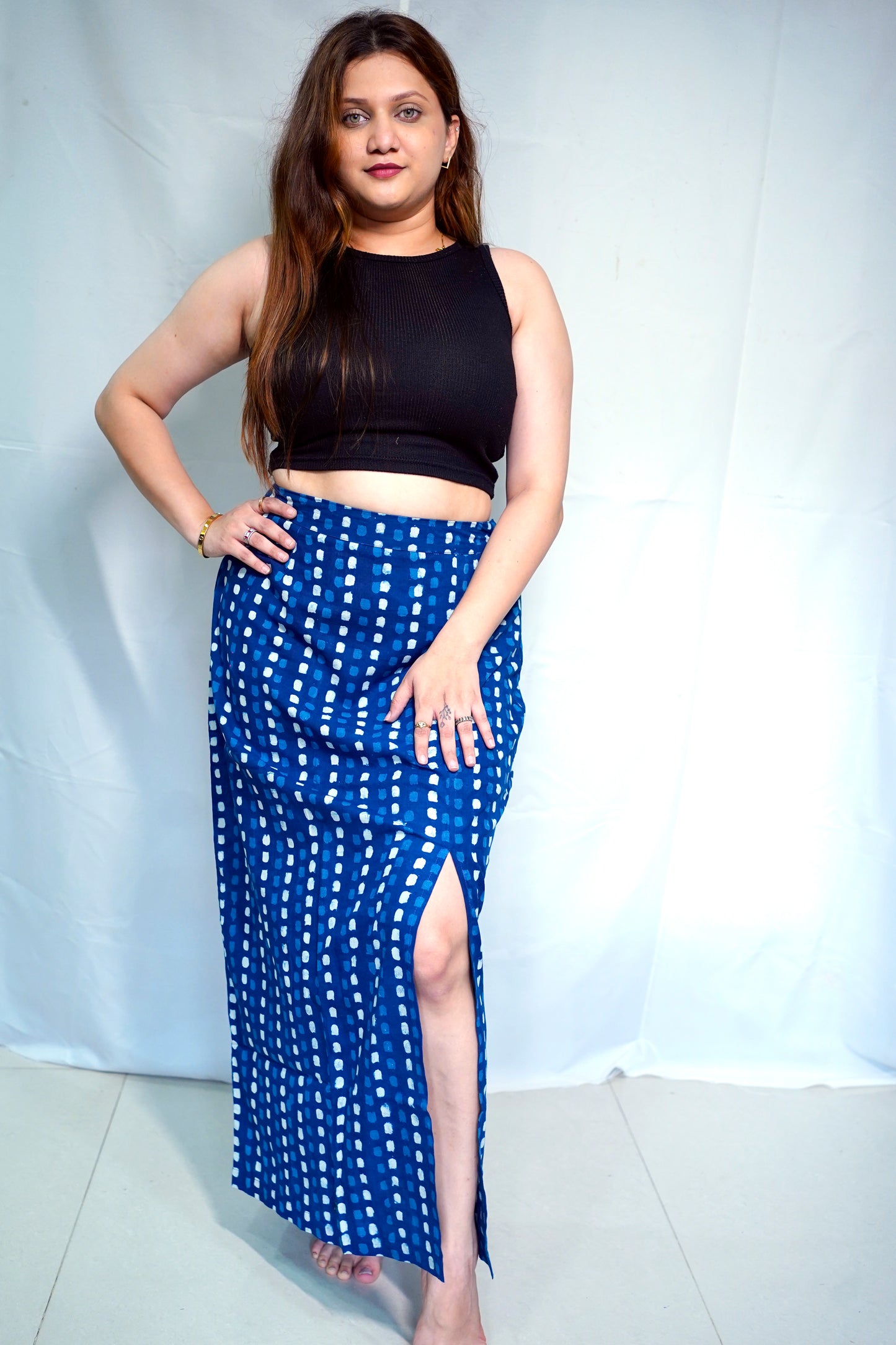 Rooh E Azah 100% Cotton Dabu Handblock Printed Indigo Long Skirt