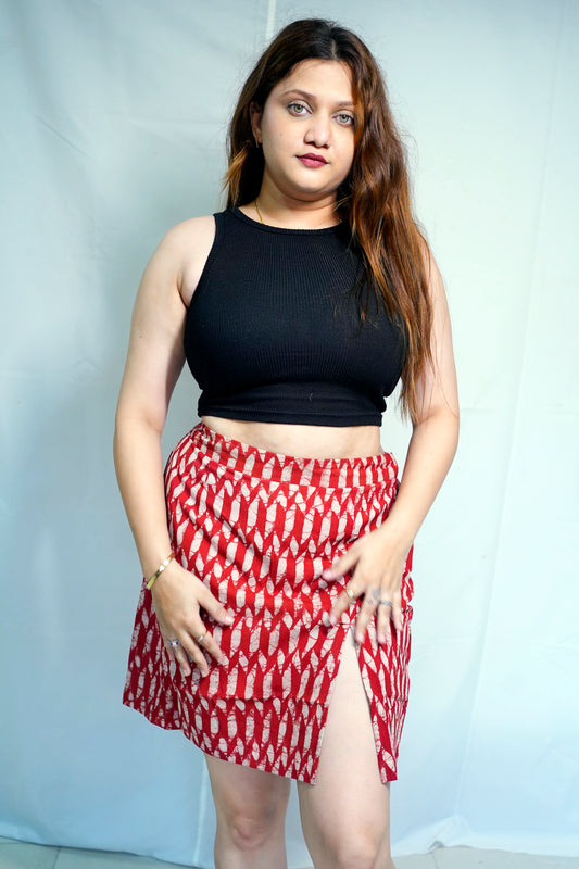 Rooh E Azah 100% Cotton Dabu Print Red Short Skirt