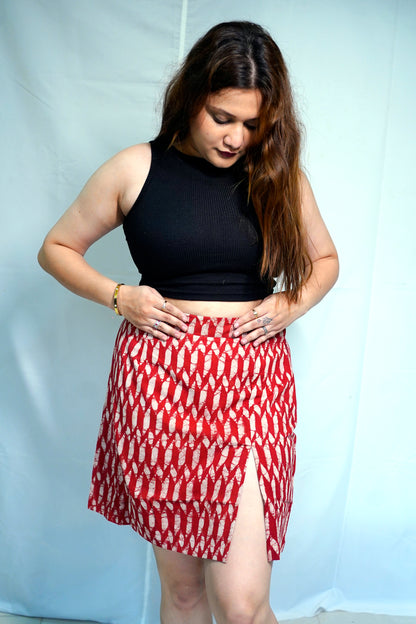 Rooh E Azah 100% Cotton Dabu Print Red Short Skirt