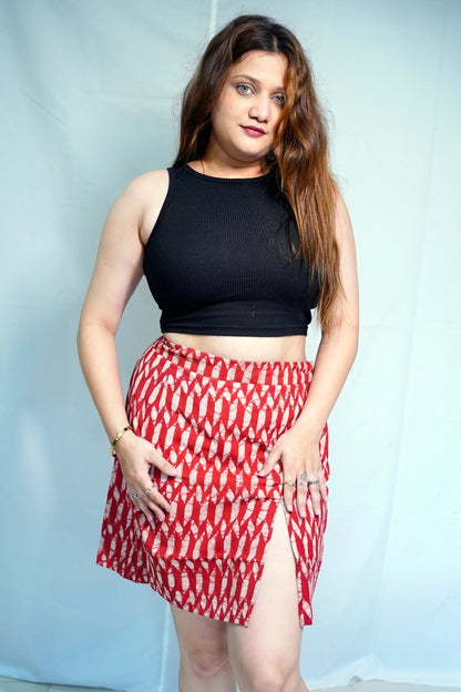 Rooh E Azah 100% Cotton Dabu Print Red Short Skirt