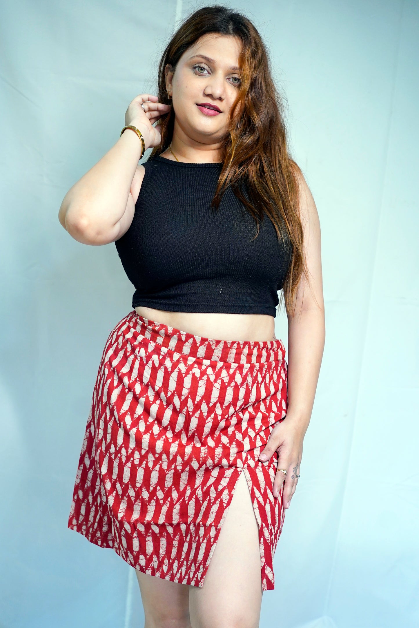 Rooh E Azah 100% Cotton Dabu Print Red Short Skirt