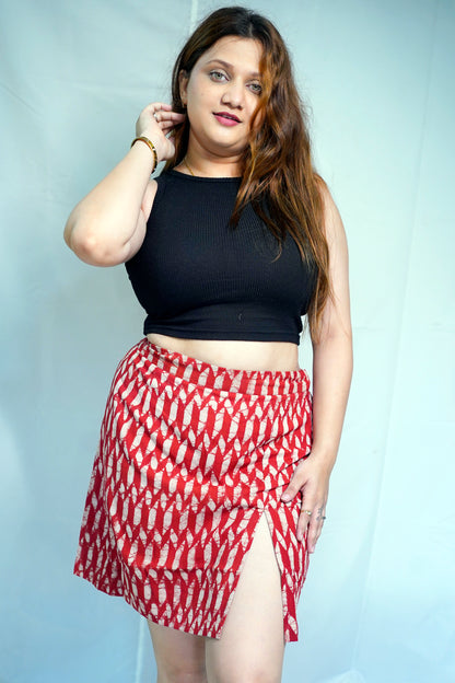 Rooh E Azah 100% Cotton Dabu Print Red Short Skirt