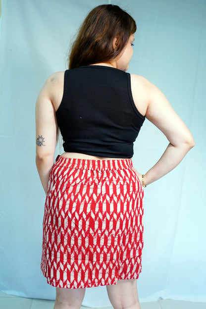 Rooh E Azah 100% Cotton Dabu Print Red Short Skirt