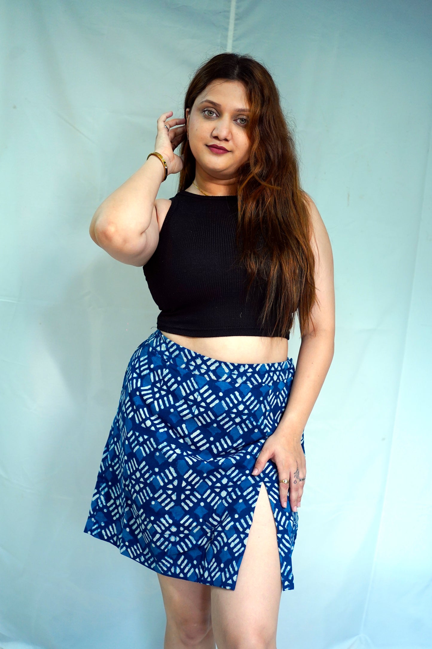Rooh E Azah 100% Cotton Dabu Hand Block Printed Indigo Short Skirt