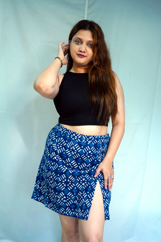 Rooh E Azah 100% Cotton Dabu Hand Block Printed Indigo Short Skirt