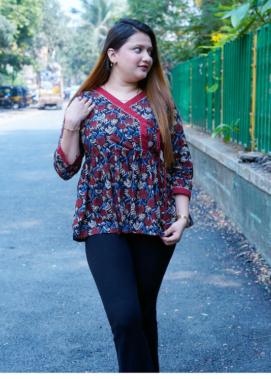 Brown Bagru Print Angrakha Style Short Top
