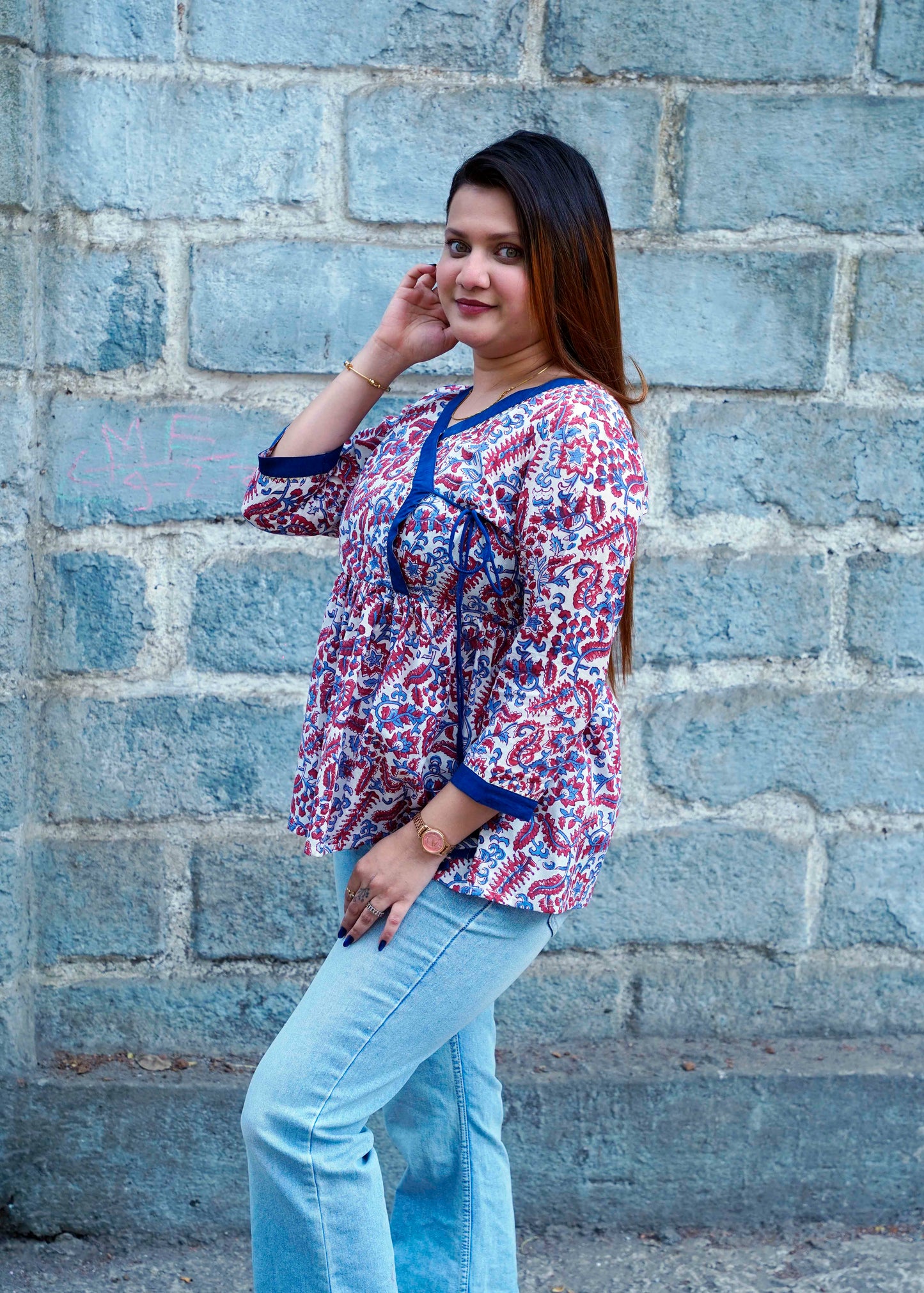 White Bagru Print Angrakha Style Short Top