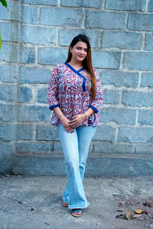 White Bagru Print Angrakha Style Short Top