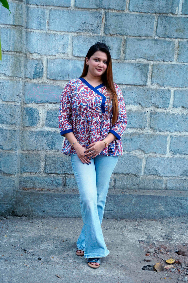 White Bagru Print Angrakha Style Short Top