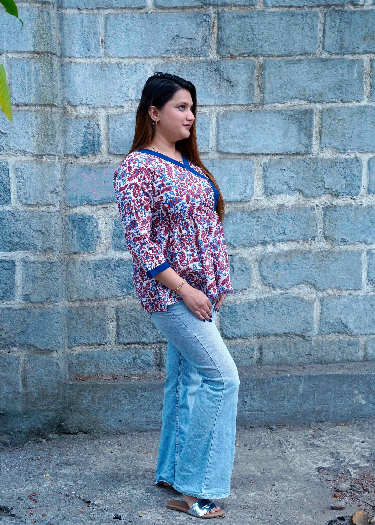 White Bagru Print Angrakha Style Short Top