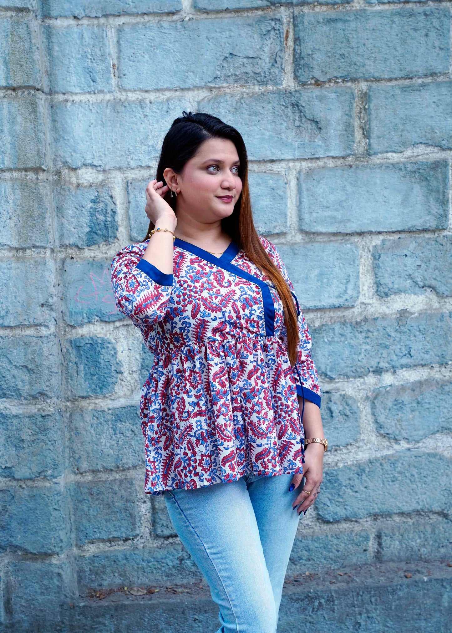 White Bagru Print Angrakha Style Short Top