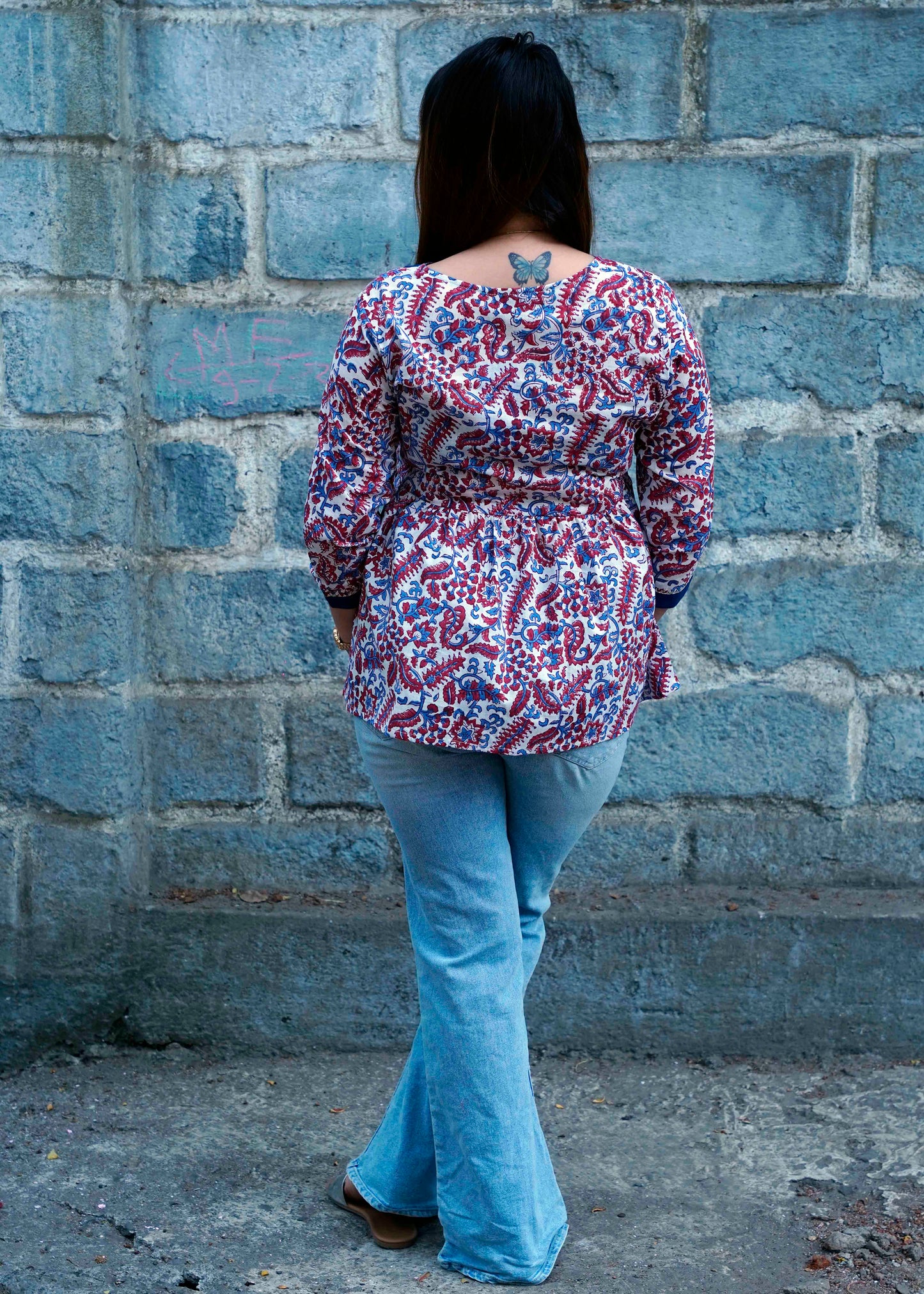 White Bagru Print Angrakha Style Short Top