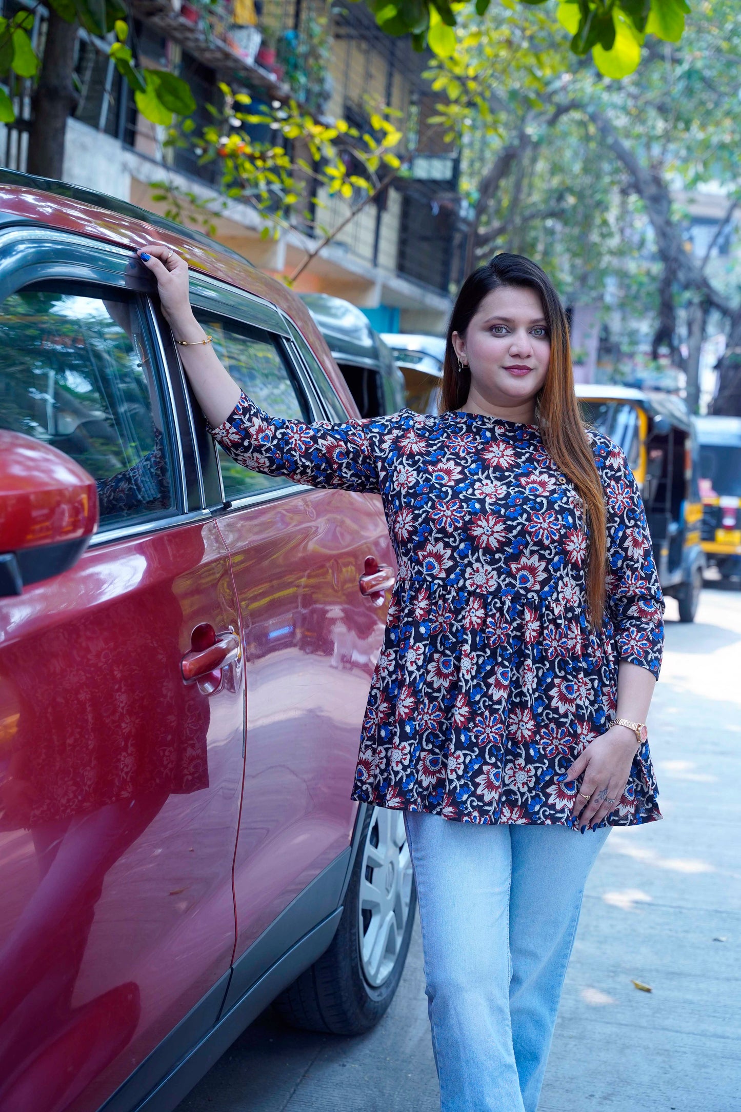 Black Brown Bagru Boat Neck Short Top