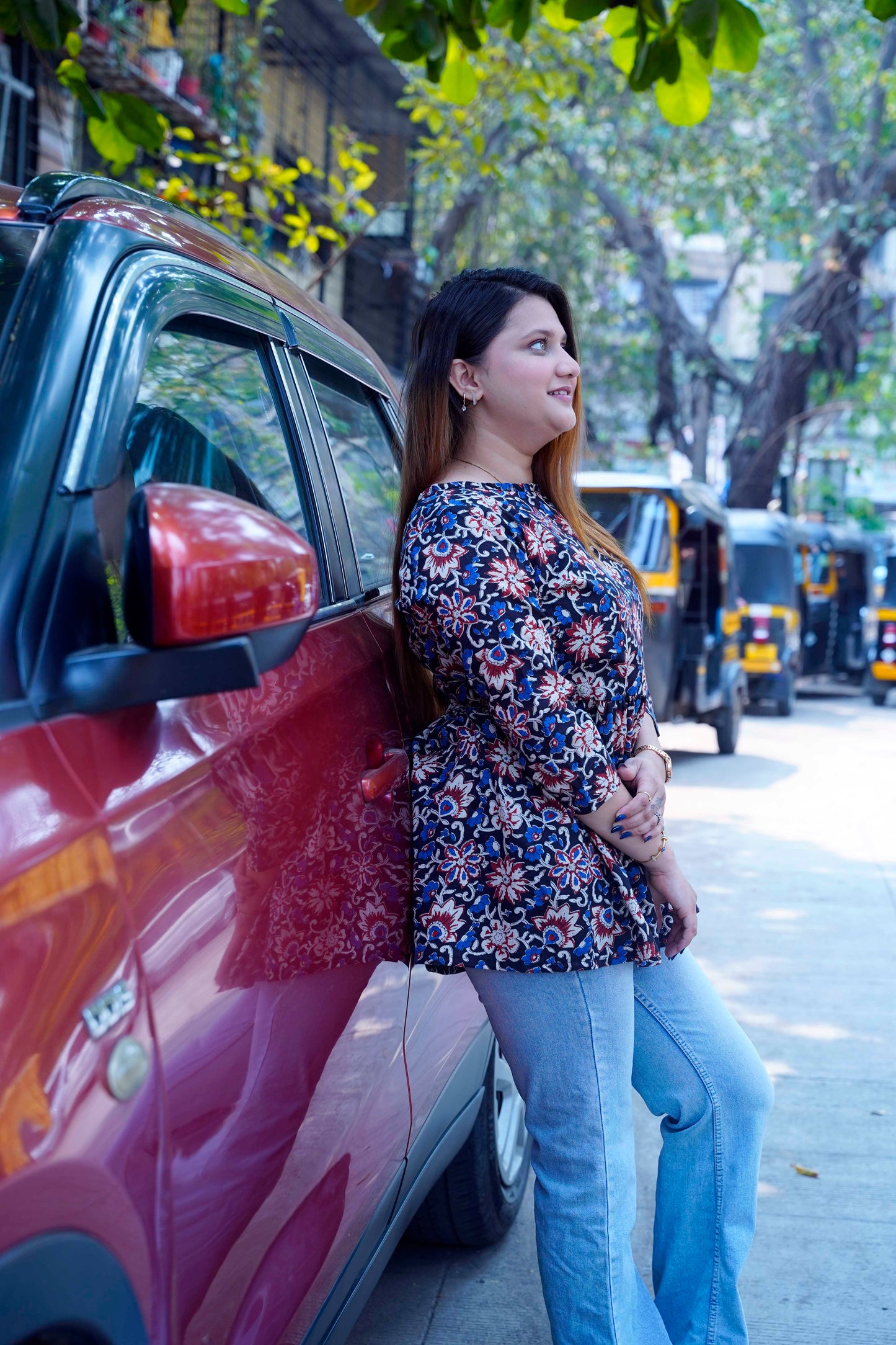 Black Brown Bagru Boat Neck Short Top