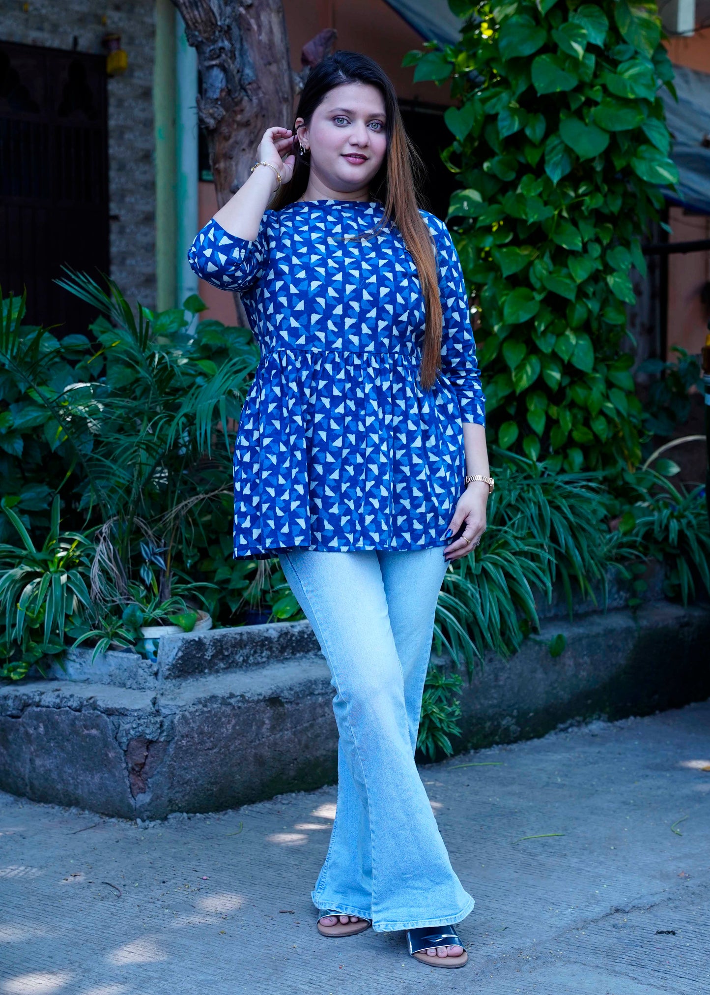 Indigo Boat Neck Dabu Print Short Top