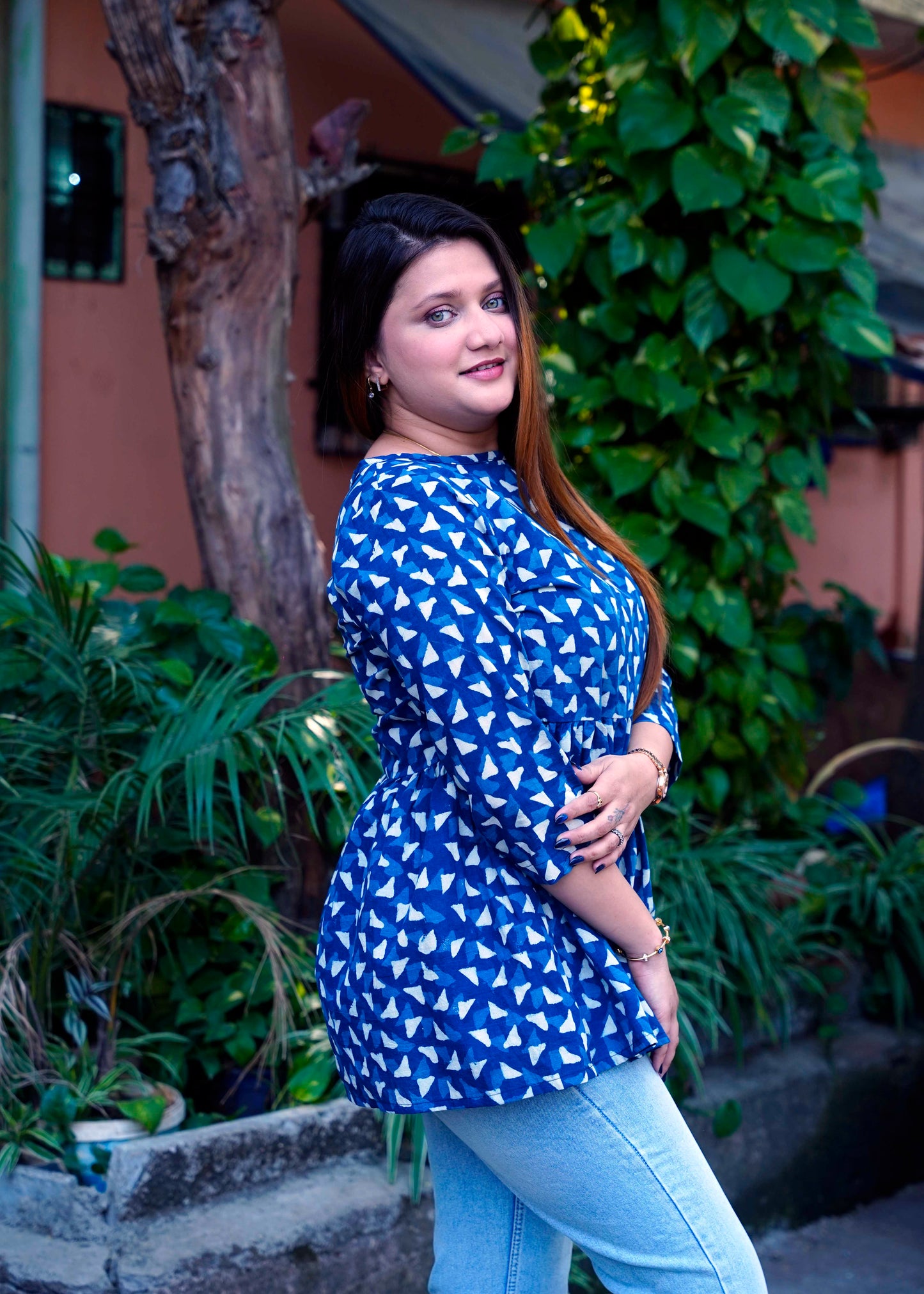 Indigo Boat Neck Dabu Print Short Top